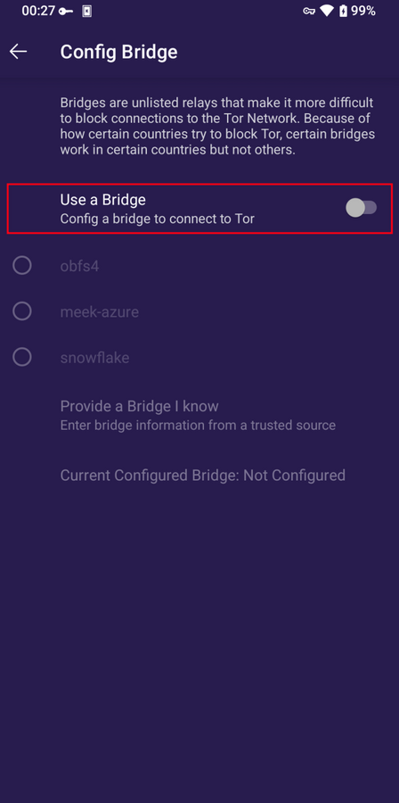 Seleziona un bridge su Tor Browser per Android