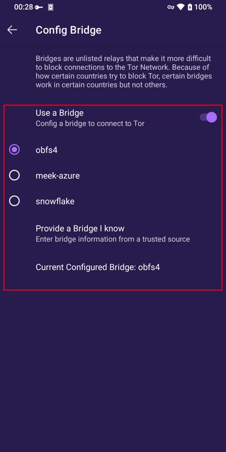 Selezionato un bridge su Tor Browser per Android