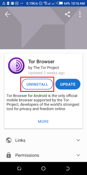 Desinstalar o Tor Browser para Android no F-Droid