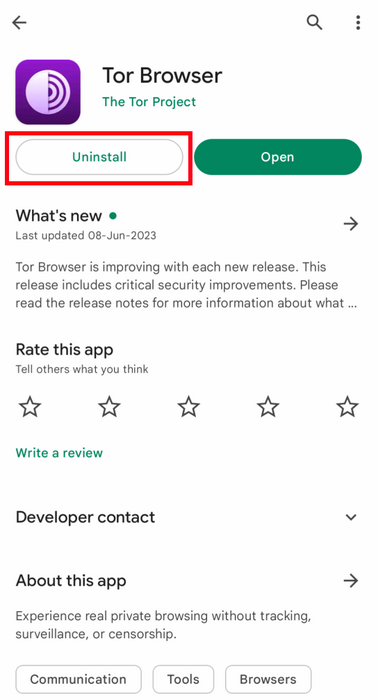Google Play üzerinden Android için Tor Browser uygulamasını kaldırmak