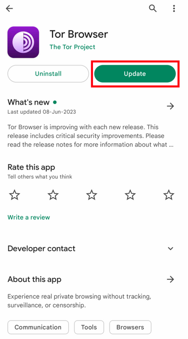 Atualização do Tor Browser para Android no Google Play