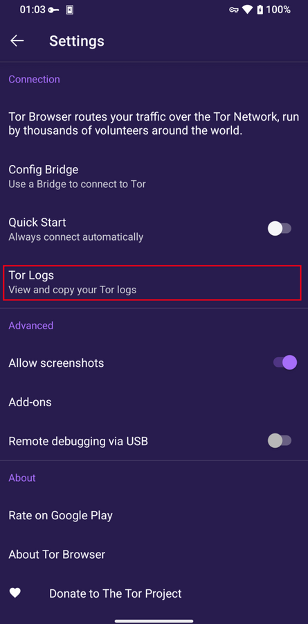 Преглед на дневника на Tor в Tor Browser за Android