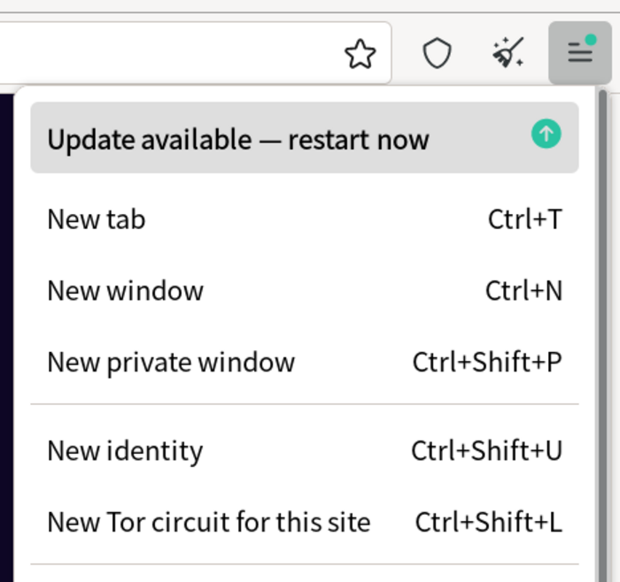 Sélectionnez 'Redémarrer pour mettre à jour le navigateur Tor' dans le menu principal